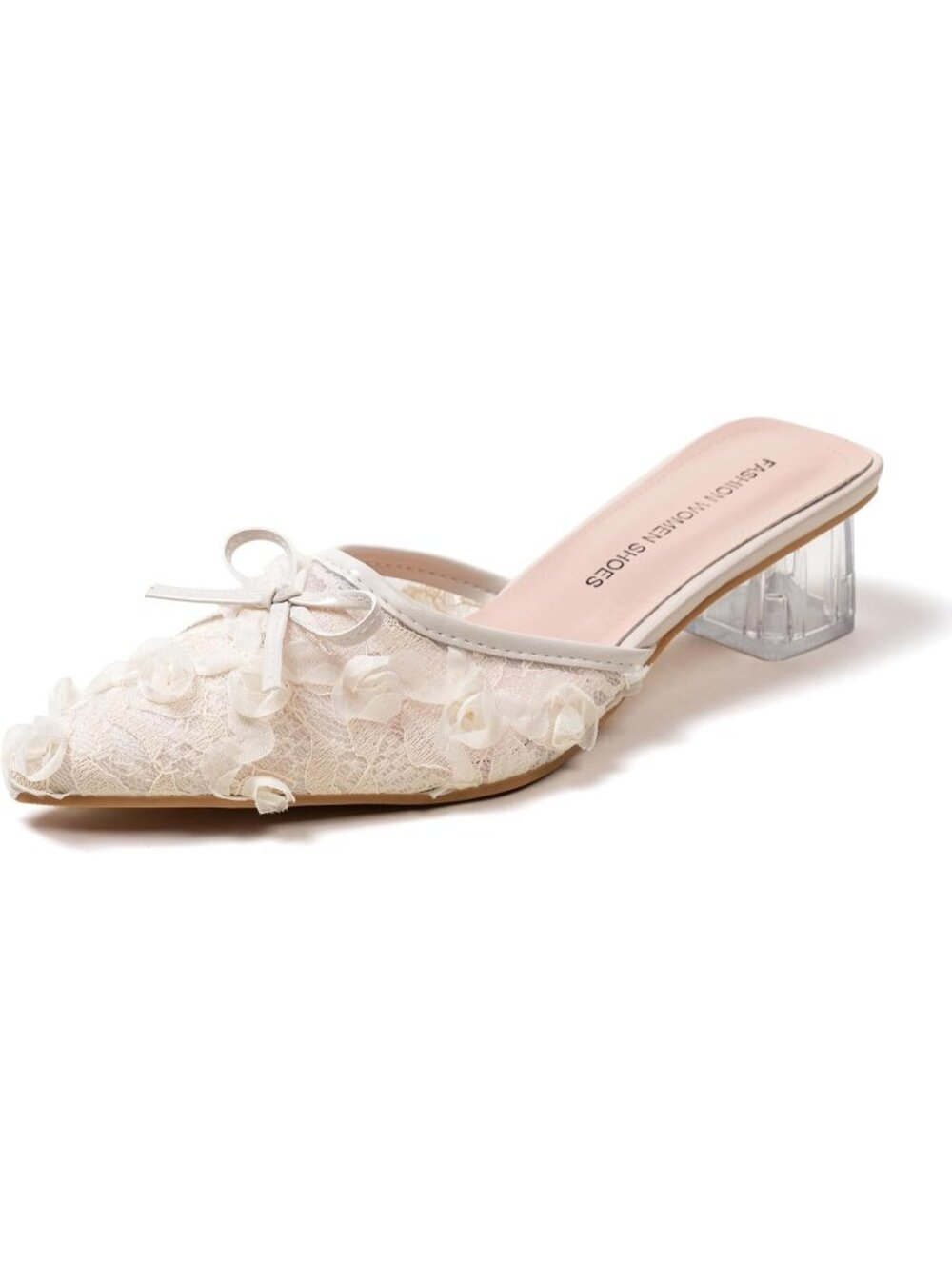 Women’s White Fashion Mules Pointed Toe Slip-On Block Heel Lace Mesh Upper